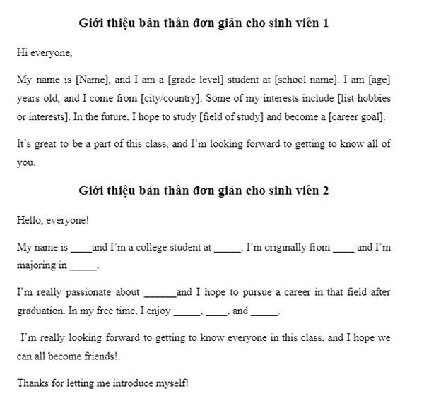 mẫu câu đơn giản cho sinh viên