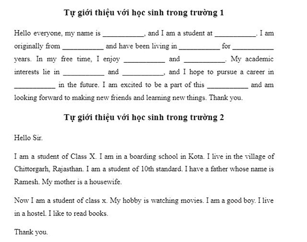 tự giới thiệu bản thân cho học sinh